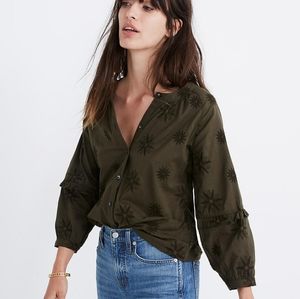 Madewell Olive Embroidered Bubble-Sleeve Top
